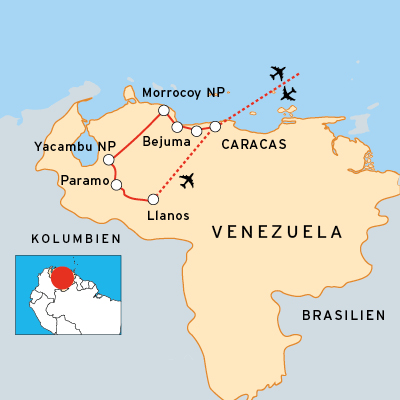 Reiseroute Venezuela Naturrundreise