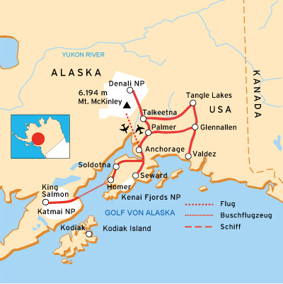 Alaska Reiseroute durch die Natur