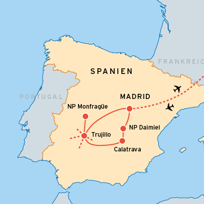 Reiseroute Extremadura und Tablas de Daimiel