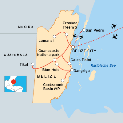 Belize Reiseroute - Naturrundreise mit Jaguar-Suche