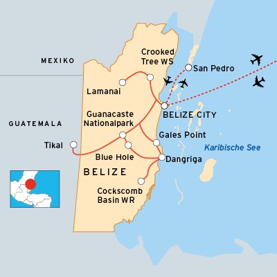 Belize Reiseroute - Naturrundreise mit Jaguar-Suche