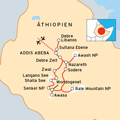 Reiseroute von DUMA Naturreisen durch Äthiopien