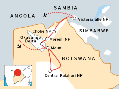Reiseroute in Botswana von der Kalahariwüste zum Chobe