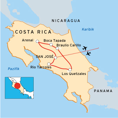 Streckenkarte der Fotoreise durch Costa Rica