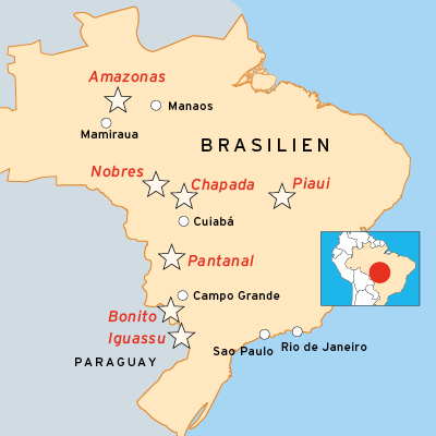 Landkarte mit Reisestationen der Brasilien Naturreise
