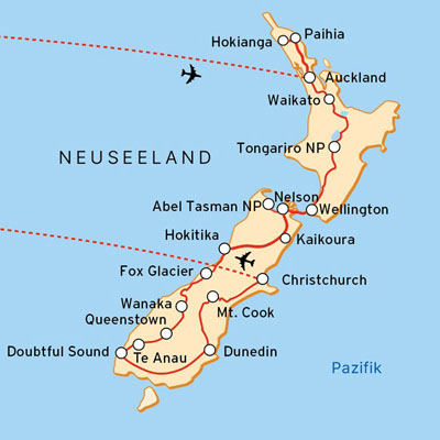 Reiseroute Neuseeland mit Nord- und Südinsel