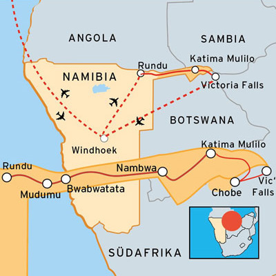 Route der Fotoreise durch Namibias Caprivi zum Chobe