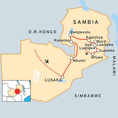 Bangweulu-Kasanka-Luambe-Luangwa Route in Sambia
