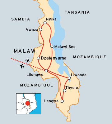 Reiseroute durch Nationalparks von Malawi