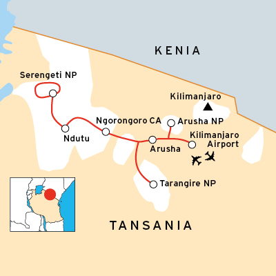 Route einer Safari durch Nationalparks im Norden von Tanssania
