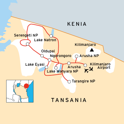 Safariroute im Norden Tansanias bis zum Natron See