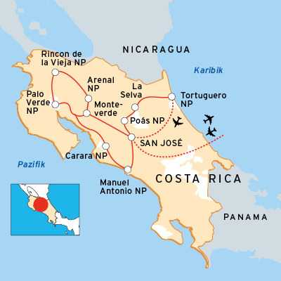 Costa Rica Reiseroute für Naturrundreise