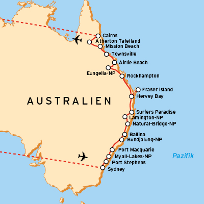 Reiseroute Australien Naturreise Ostküste