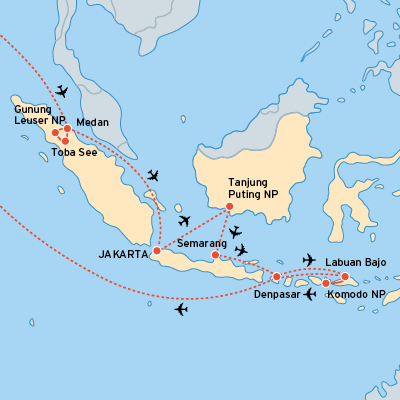 Reiseroute Indonesien zu Orang Utans und Komodo-Waranen