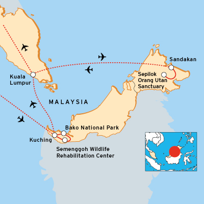 Reiseroute Borneo-Rundreise mit Orang-Utan-Stationen