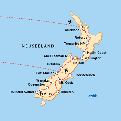 Reiseroute Neuseeland Naturreise