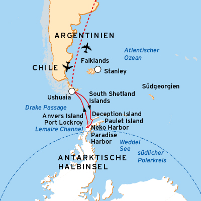 Reiseroute Antarktische Halbinsel Seereise