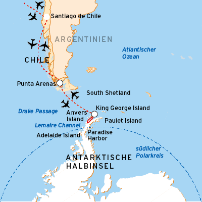 Reiseroute der Ocean Nova in die Antarktis