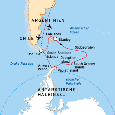 Reiseroute Antarktis, Falkland und Südgeorgien