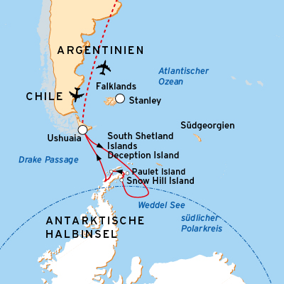 Reiseroute Weddell-Meer und Antarktische Halbinsel