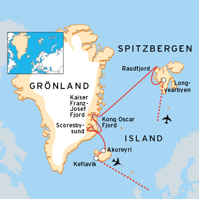 Reiseroute Spitzbergen Ost-Grönland